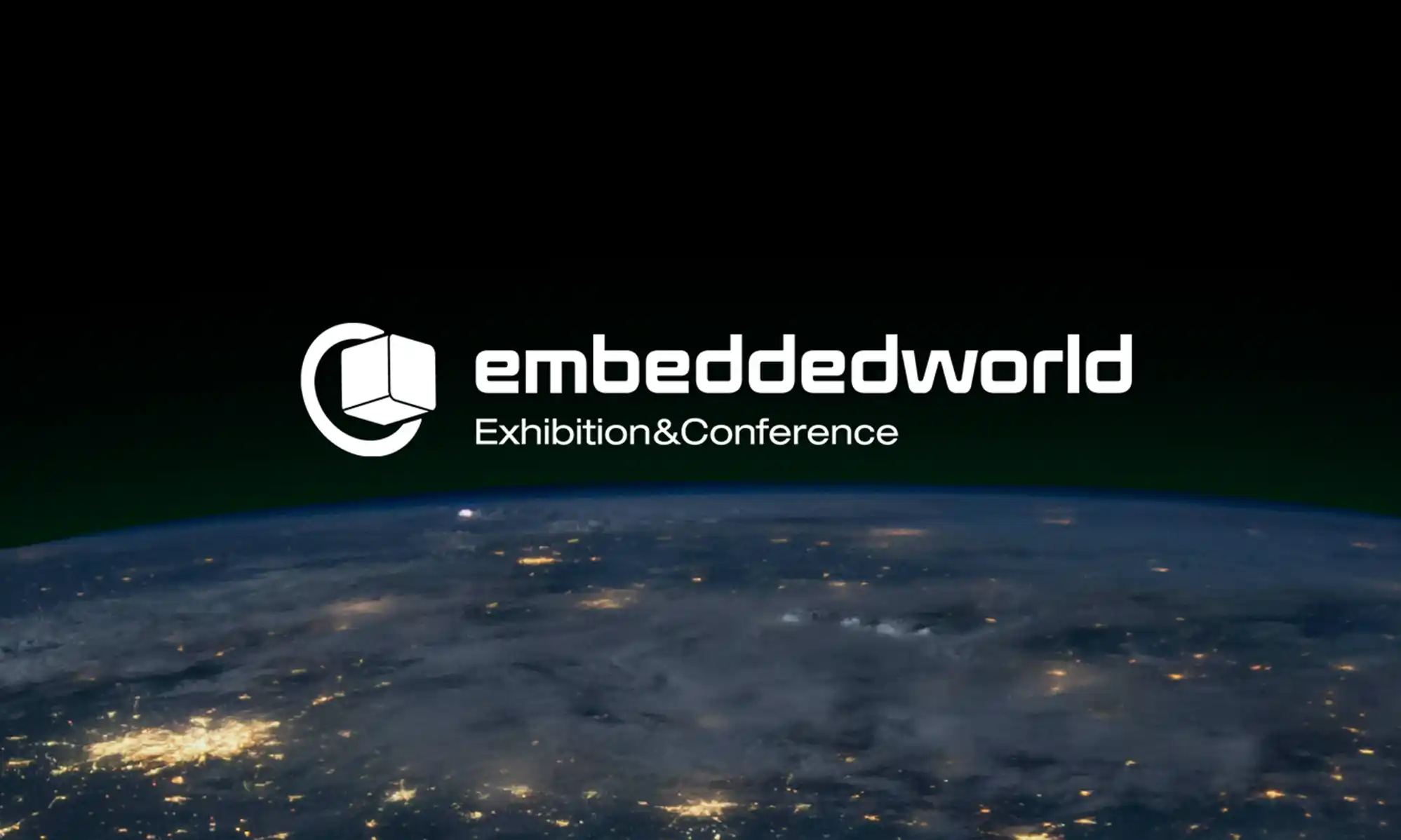 The image shows a night-time view of the Earth from space, with “embeddedworld Exhibition & Conference” written in white above it.