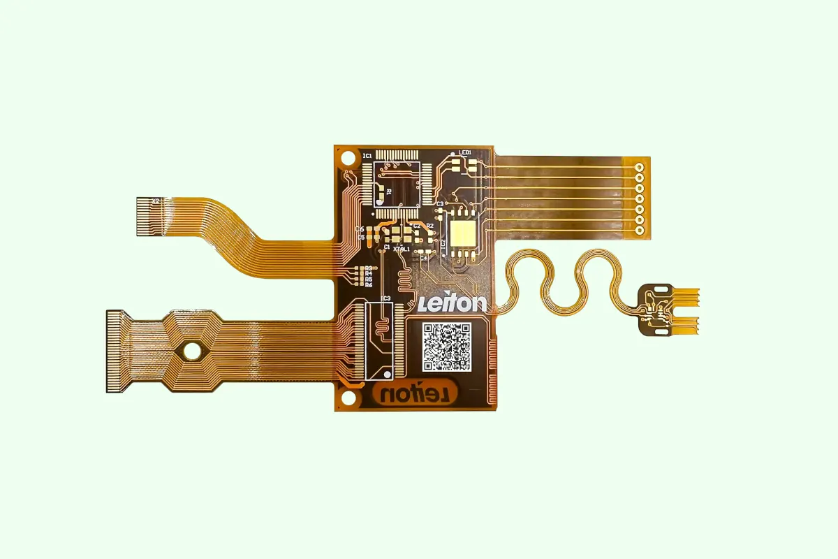 A flexible printed circuit board (PCB) with intricate copper traces and components, labeled with the "Leiton" logo, displayed on a light background.