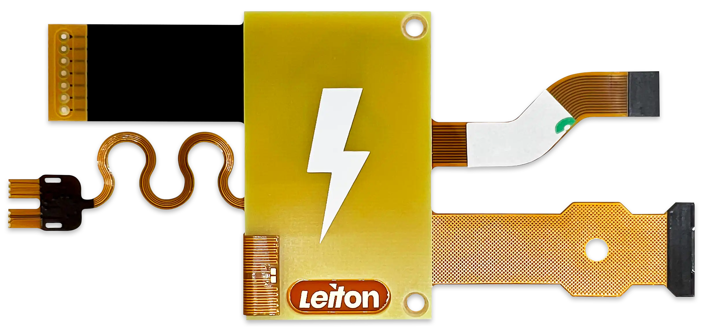 A flexible printed circuit board (PCB) with complex copper traces and components, featuring the "Leiton" logo, displayed on a light background.