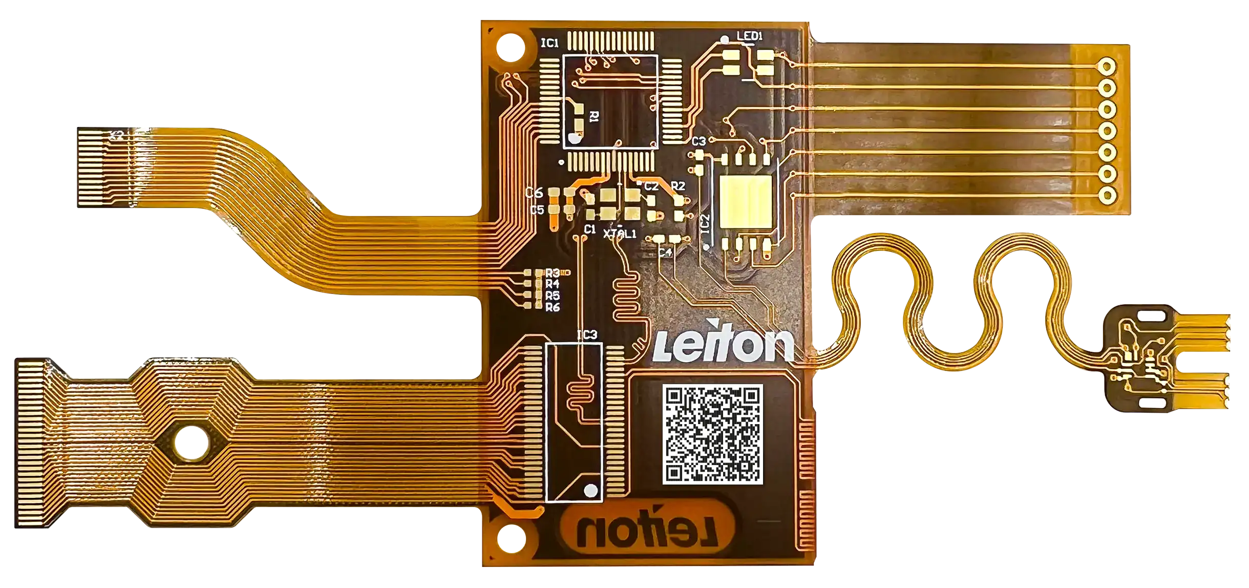 A flexible printed circuit board (PCB) with complex copper traces and components, featuring the "Leiton" logo, displayed on a light background.